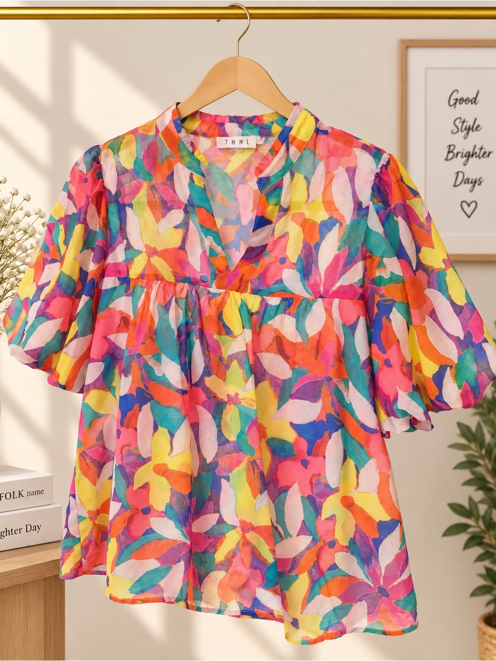 THML Multicolor Floral Peasant Blouse - Pink, Yellow, Green, Blue